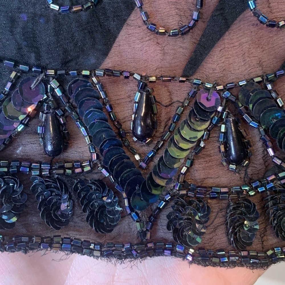 Vintage India Silk Black Beaded Sequin Cocktail Tiered Ruffle Art Deco Dress L - Picture 13 of 15